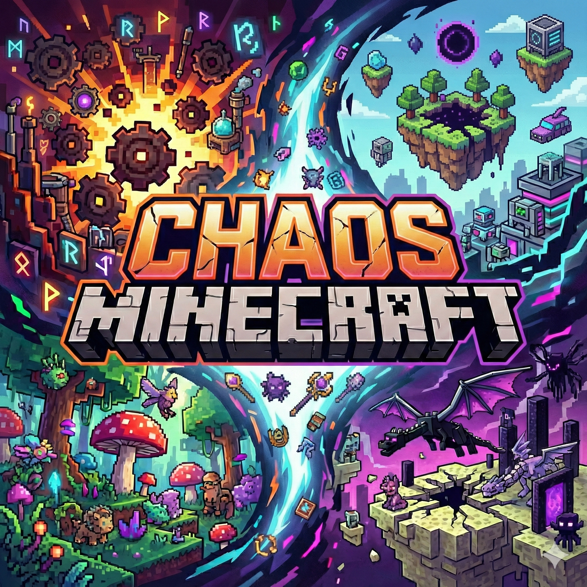 Chaos Minecraft — pixel art logo with overworld, nether, end and fantasy biomes